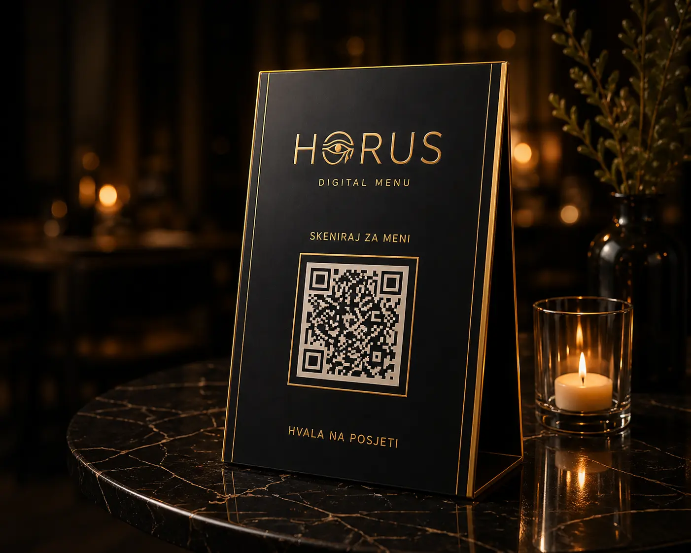 Horus QR kod na stolu restorana — gost skenira i odmah otvara meni